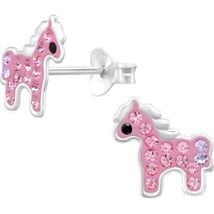 Joy|S - Zilveren paard oorbellen - roze zilver met kristalletjes - 9.6 x 9.9 mm - kinderoorbellen