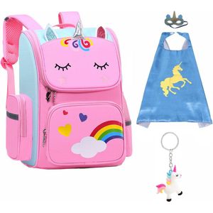 Rugzak meisje - tasje - Eenhoorn tas - Eenhoorn speelgoed - Cape + Masker - Sleutelhanger - Unicorn Speelgoed - Schooltas meisje - Kinderrugzak - Rugtas meisje - Roze - Blauw - 40 x 27 x 15 cm - Schooltassen