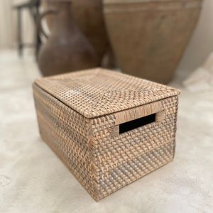 Rotan opberg mand extra small whitewash met deksel - opbergdoos - opbergbox - 30 cm x 20 cm x 12 cm