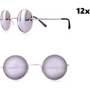 12x Uilebril spiegelglas zilver - Bril beatles rond 70s and 80s disco peace flower power