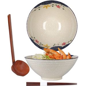 Ramen Bowl Japanse keramieken kom met lepel en eetstokjes - 1200 ml soepkom - vintage ramenschaal - Aziatisch servies