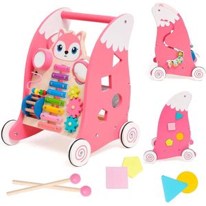 Loopwagen voor baby's - Houten wandelwagen voor baby's met Montessori-speelgoed - Babywalker met rubberen banden - Educatief speelgoed met vormsortering, spiegels, xylofoon, voor kinderen vanaf 6 maanden