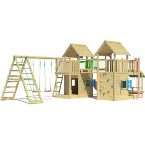 Jungle Gym speeltoestel van grenen hout - Jungle Titan met roze glijbaan - Tuin speeltoestel voor buiten met zandbak, schommels en speelhuisje