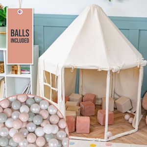 KiddyMoon - Speeltent - Paviljoenvormig - Wit/Parel/Pastel Beige/Groen Grijs - Katoen - Inclusief 700 Ballen