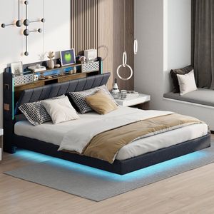 Sweiko 160x200cm Kussen bed met LED Verlichting en USB aansluiting, Hoofdeinde met opbergruimte, zwevend bed, jeugdbed, Volwassen bed, beddengoed, Grijs (Geen matras)