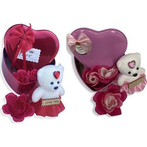 Valentijn cadeautje voor hem - Valentijn cadeautje voor haar - Rood - Roze - valentijn decoratie - 2 x blik - valentijn cadeautje vrouw - Verjaardag cadeau vrouw - valentijnsdag cadeau - Beer - Rode rozen