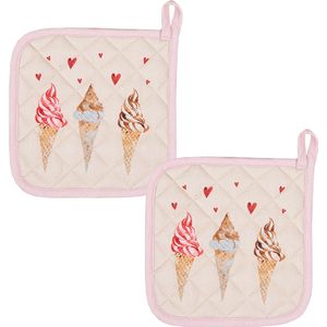 HAES DECO - Set van 2 Pannenlappen voor een kind - formaat 16x16 cm - kleuren Roze / Beige / Bruin - van 100% Katoen - Collectie: Frosty and Sweet - Kinder Pannenlap