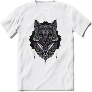 Vos - Dieren Mandala T-Shirt | Paars | Grappig Verjaardag Zentangle Dierenkop Cadeau Shirt | Dames - Heren - Unisex | Wildlife Tshirt Kleding Kado | - Wit - 3XL