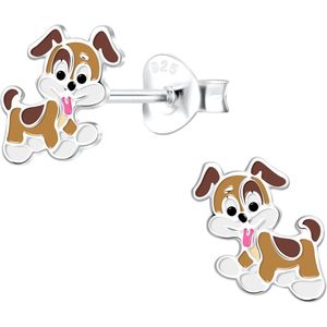 Joy|S - Zilveren hond oorbellen - 8 mm - bruin wit - kinderoorbellen