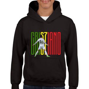 Ronaldo Hoodie - Kinder Hoodie - Zwart - Maat 110/116 - Hoodie leeftijd 5 tot 6 jaar - Ronaldo Hoodie - hoodie Cadeau - Hoodie cadeau -Afbeelding - Zwarte Hoodie met Ronaldo afbeelding - Portugal - in kleur