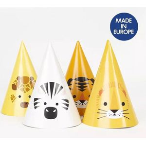 Feesthoedjes safari - zebra - luipaard - panter - leeuw - giraffe - 8 stuks