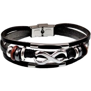 Drielaagse Lederen Armband Unisex - Zwarte Leer - RVS - Infinity Armband