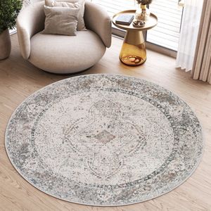 Tapiso Valley Rond Vloerkleed Beige Lichtgrijs Laagpolig Frame Tapijt Maat- 80x80