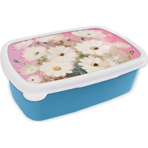 Broodtrommel Blauw - Lunchbox - Brooddoos - Bloemen - Vaas - Planten - Wit - 18x12x6 cm - Kinderen - Jongen