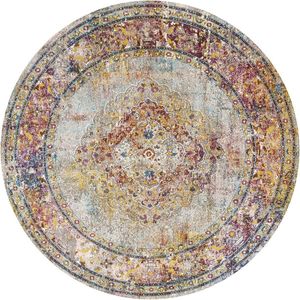 Lalee Picasso Keshan vloerkleed vintage laagpolig trendy multi beige kleuren 133x133 CM ROND