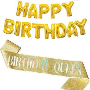 Birthday Queen set goud 2-delig met sjerp en grote ballon slinger - verjaardag - birthday queen - sjerp - folie ballon - happy birthday