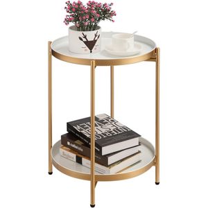 Ronde Bijzettafel - Metalen Tafel - Goud en Wit