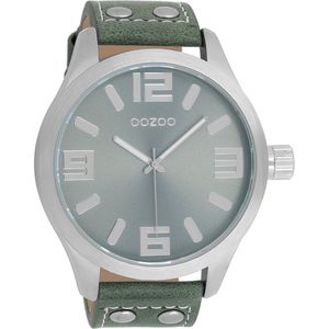 OOZOO Timepieces - Zilverkleurige horloge met groen grijze leren band - C1011