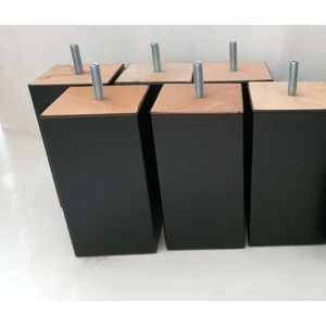 Set van 6 stuks houten Boxspring Bedden Meubelpoten Zwart Beuken 16 cm hoogte 7x7 cm met M8 draadeinde