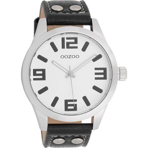 OOZOO Timepieces - Zilverkleurige horloge met zwarte leren band - C1053