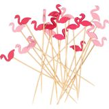 Excellent Houseware Cocktail/tapas prikkers - flamingos - 20x stuks - bamboo - 12 cm