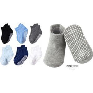 6 Paar - Antislip Sokken Kind Baby - 6-12 maanden - Blauw Grijs - Enkelsokken - Verbeterde kwaliteit