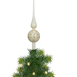 Decoris kerstboom piek gedecoreerd - creme wit/goud - glas - 31 cm - kerstboompiek