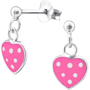 Joy|S - Zilveren hartje bedel oorbellen - roze met witte stippen - oorknoppen voor kinderen