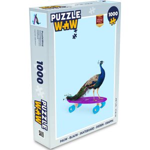 Puzzel Pauw - Blauw - Skateboard - Dieren - Grappig - Legpuzzel - Puzzel 1000 stukjes volwassenen