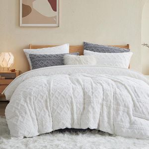 Pluche beddengoed, 135 x 200 cm, 2-delig, warm, romantisch wit beddengoed, getuft boho, wollig teddy beddengoedsets voor winter, geometrie, omkeerbaar beddengoed, flanel, meisjes, kussensloop