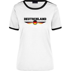 Deutschland wit/zwart ringer landen t-shirt logo met vlag Duitsland - dames - landen shirt - supporter kleding / EK/WK L