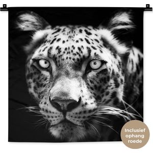 Wandkleed Close-up Dieren in Zwart-Wit - Close-up Perzisch luipaard tegen zwarte achtergrond in zwart-wit Wandkleed katoen 60x60 cm - Wandtapijt met foto