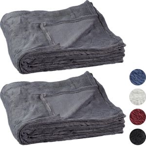 Relaxdays 2x fleece deken 200x220 cm - plaid - bank kleed - polyester - grijs- xxl - groot