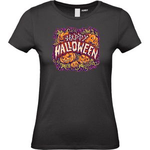 Dames T-shirt Happy Halloween pompoen | Halloween kostuum kind dames heren | verkleedkleren meisje jongen | Zwart | maat XS