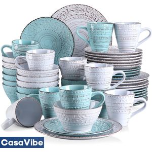 CasaVibe Luxe Serviesset – 48 delig – 12 persoons – Porselein - Bordenset – Dinner platen – Dessertborden - Kommen - Mokken - Set - Licht Blauw - Wit - Complete set