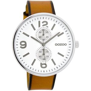 OOZOO Timepieces - Zilverkleurige horloge met cognac leren band - C7075