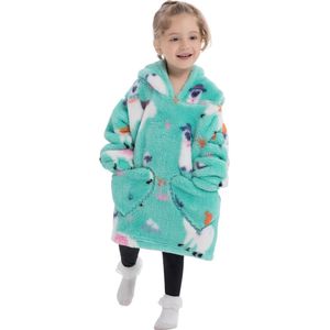Alpaca fleece hoodie deken met mouwen - fleece poncho voor kinderen – fleece plaid met mouwen - kids 3/7 jaar – maat 98/128 – lengte 60 cm – warm & zacht – relax outfit kids - grijs/blauw - Badrock