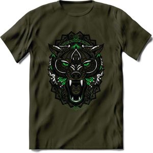 Wolf - Dieren Mandala T-Shirt | Groen | Grappig Verjaardag Zentangle Dierenkop Cadeau Shirt | Dames - Heren - Unisex | Wildlife Tshirt Kleding Kado | - Leger Groen - L