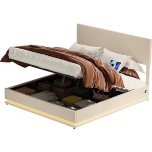Merax Gestoffeerd Bed met Opbergruimte - 160x200 cm - Luxe Fluwelen Stof - LED Verlichting met USB-oplaadfunctie - Beige