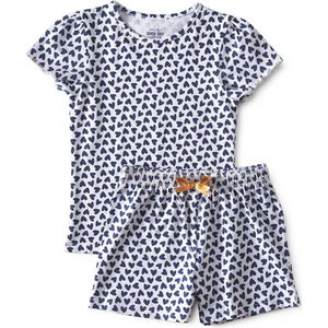 Little Label Pyjama Meisjes Maat 110-116 - Wit, Blauw - Zachte BIO Katoen - Shortama - 2-delige zomer pyama meisjes - Hartjesprint