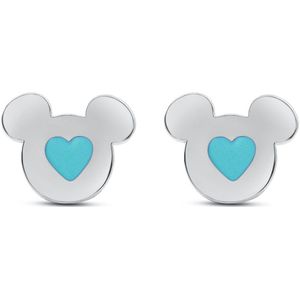 Disney 4-DIS048 Mickey Mouse Oorbellen - Mickey Oorknopjes - Disney Sieraden - 7,2x7,7mm - Blauw Hartje - Staal - Hypoallergeen - Zilverkleurig