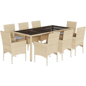 vidaXL - 9-delige - Tuinset - met - kussens - poly - rattan - en - glas - beige