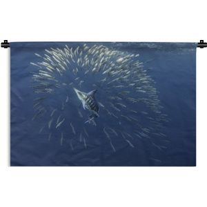 Wandkleed Zeedieren - Gestreepte marlijn en zeeleeuw jagen op sardientjes Wandkleed katoen 90x60 cm - Wandtapijt met foto