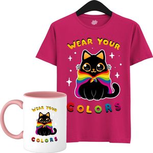 Schattige Pride Vlag Kat - Unisex T-Shirt Mannen en Vrouwen - LGBTQ+ Suporter Kleding - Gay Progress Pride Shirt - Rainbow Community - T-Shirt met mok - Unisex - Fuchsia - Maat M