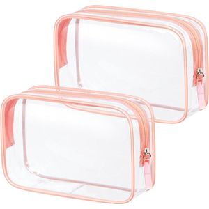 Transparante toilettas, reiskit voor het vliegtuig, PVC, waterdicht, make-uptas, reizen, vliegtuig, transparant, make-uptas voor dames en heren, 2 stuks roze 2, Make-up tas