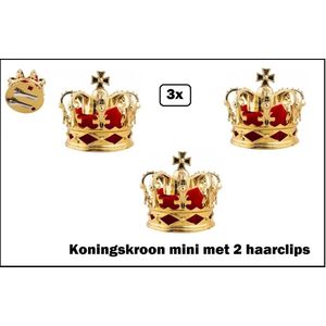 3x Koningskroon mini met 2 haarclips - 8cm - kroon thema feest party fun festival queen koning koningin