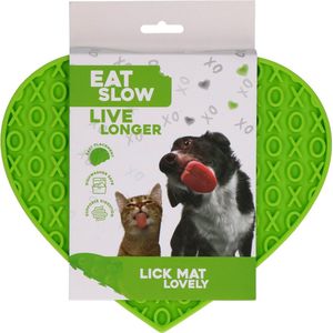 Eat Slow Live Longer Likmat Hartvormig - 19 x 23 cm - Anti-schrok Mat - Slowfeeder - Snuffelmat - 100% siliconen - Vaatwasserbestendig - Voor Hond of Kat - Groen