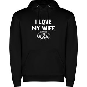 Zwarte unisex hoodie met “ Kleurrijke I love it when my wife let's me go Skiing – Skien – Wintersport “ Print Full Color merk Roly maat M