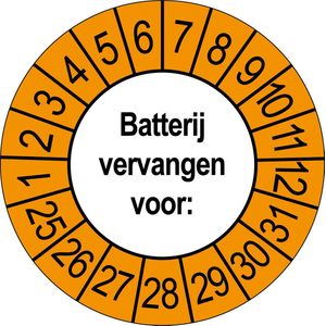 Buiten rand Oranje | Batterij vervangen Keuringsstickers | 50 stuks (10 strips) | 35mm Rond | Vinyl