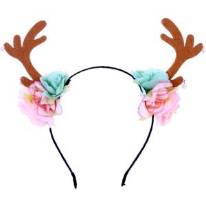 KIMU Haarband Rendier Bloemen Mintgroen Lichtroze - Diadeem Bloemetjes Rudolf Gewei Hert Ree - Roze Mint Groen Kerst Festival